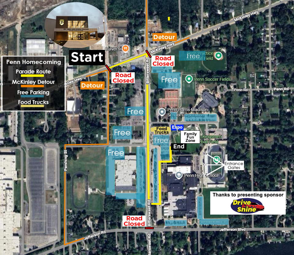 Aerial view of a city street with a map overlay, showing a road with a car, a building with a sign, a parking lot, a street